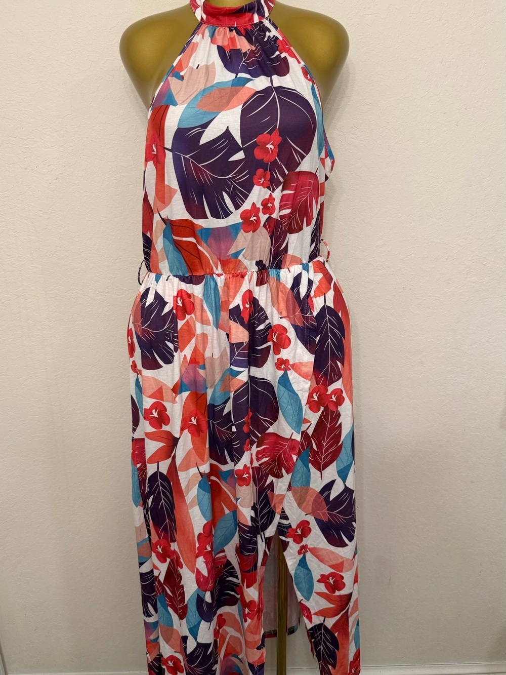Halter Tropical Maxi Dress in White with Multi Floral Print